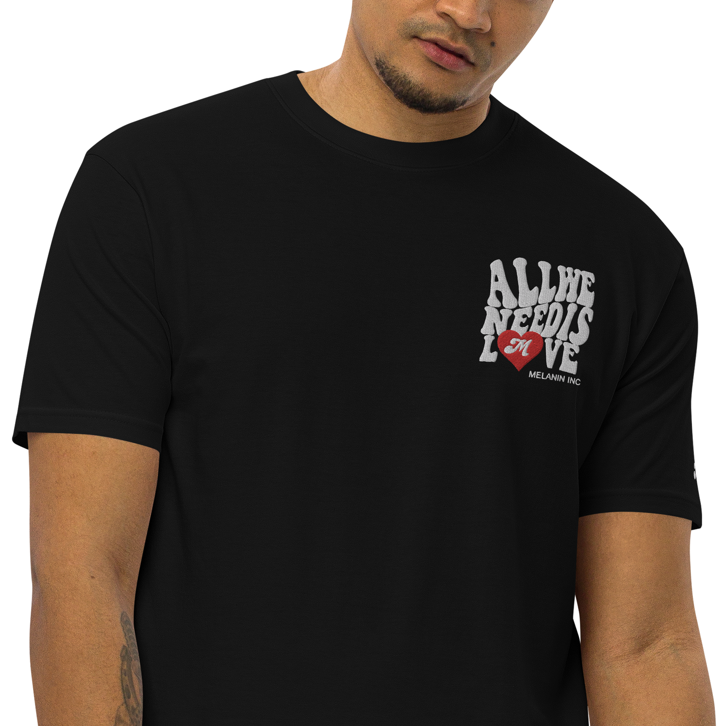 All We Need Is Love (Embroidered - front only) - Unisex Heavyweight Dark Tee